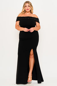 PEARL BEADED DETAIL OFF THE SHOULDER MERMAID PLUS SIZE MAXI DRESS
