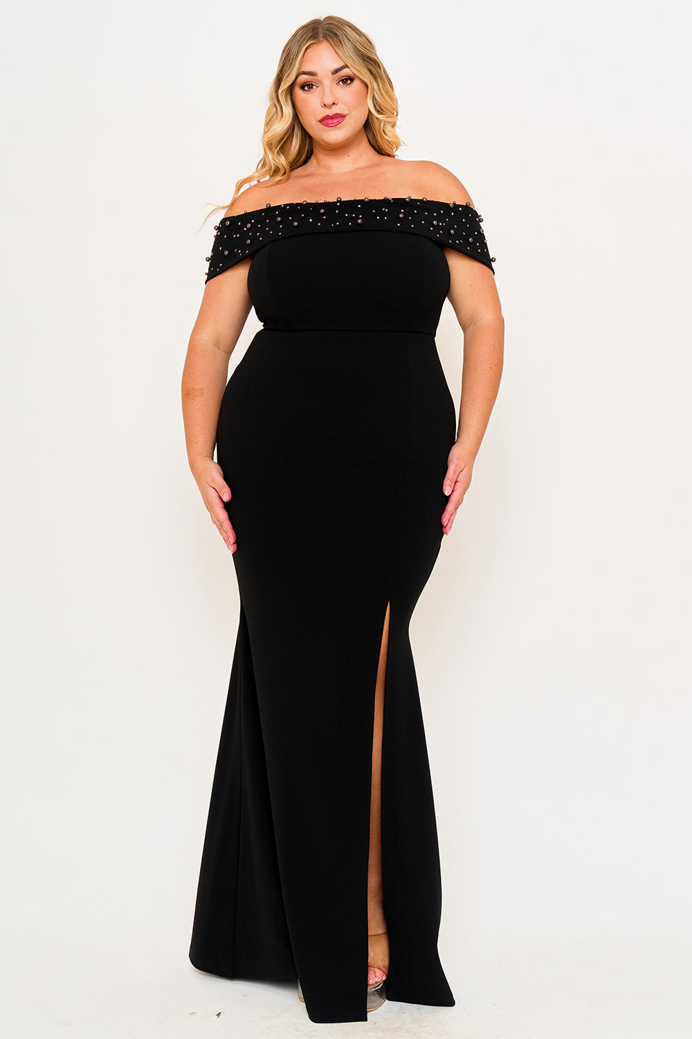 PEARL BEADED DETAIL OFF THE SHOULDER MERMAID PLUS SIZE MAXI DRESS