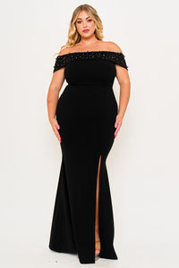 PEARL BEADED DETAIL OFF THE SHOULDER MERMAID PLUS SIZE MAXI DRESS