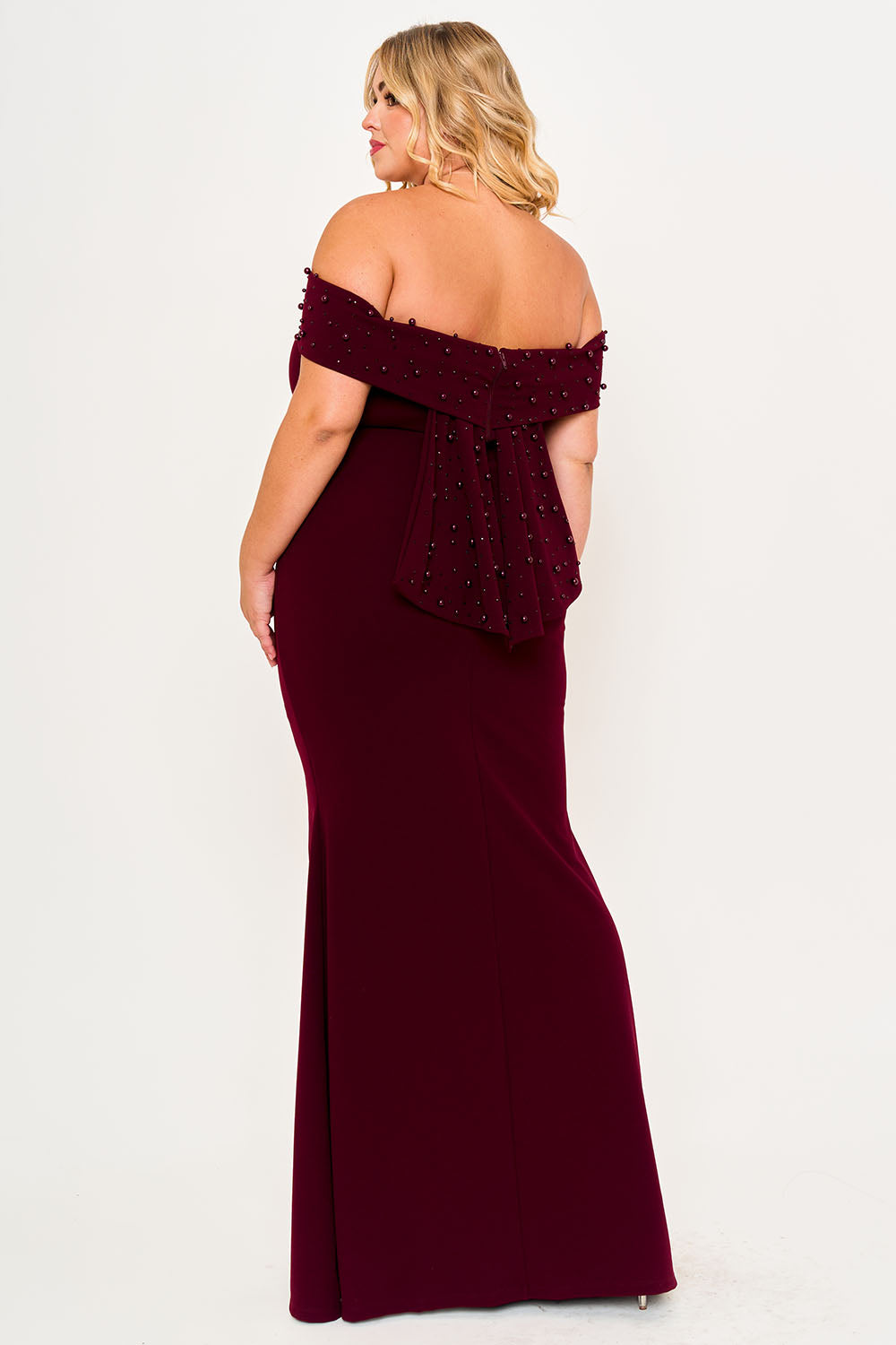 PEARL BEADED DETAIL OFF THE SHOULDER MERMAID PLUS SIZE MAXI DRESS