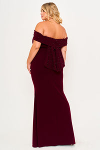 PEARL BEADED DETAIL OFF THE SHOULDER MERMAID PLUS SIZE MAXI DRESS