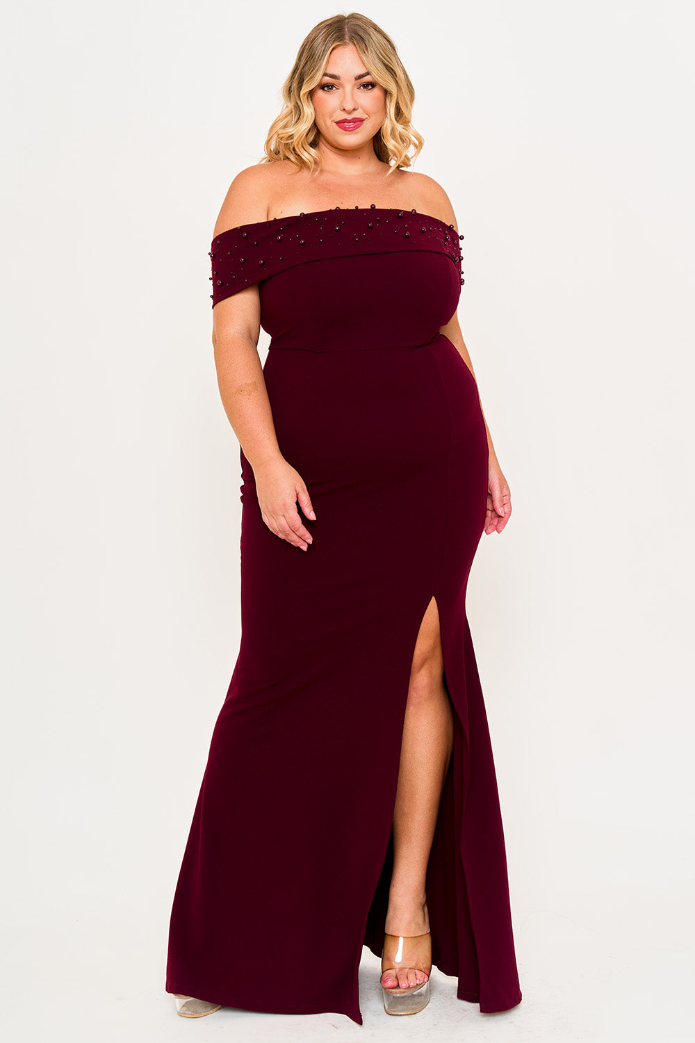 PEARL BEADED DETAIL OFF THE SHOULDER MERMAID PLUS SIZE MAXI DRESS