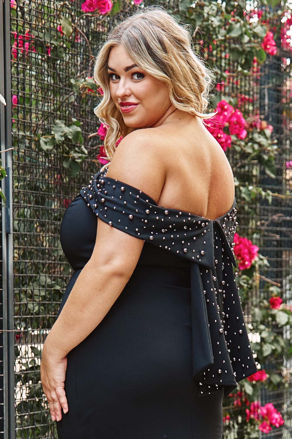 PEARL BEADED DETAIL OFF THE SHOULDER MERMAID PLUS SIZE MAXI DRESS