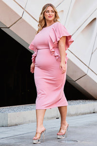 DROP SHOULDER WITH RUFFLE PLUS SIZE MIDI DRESS