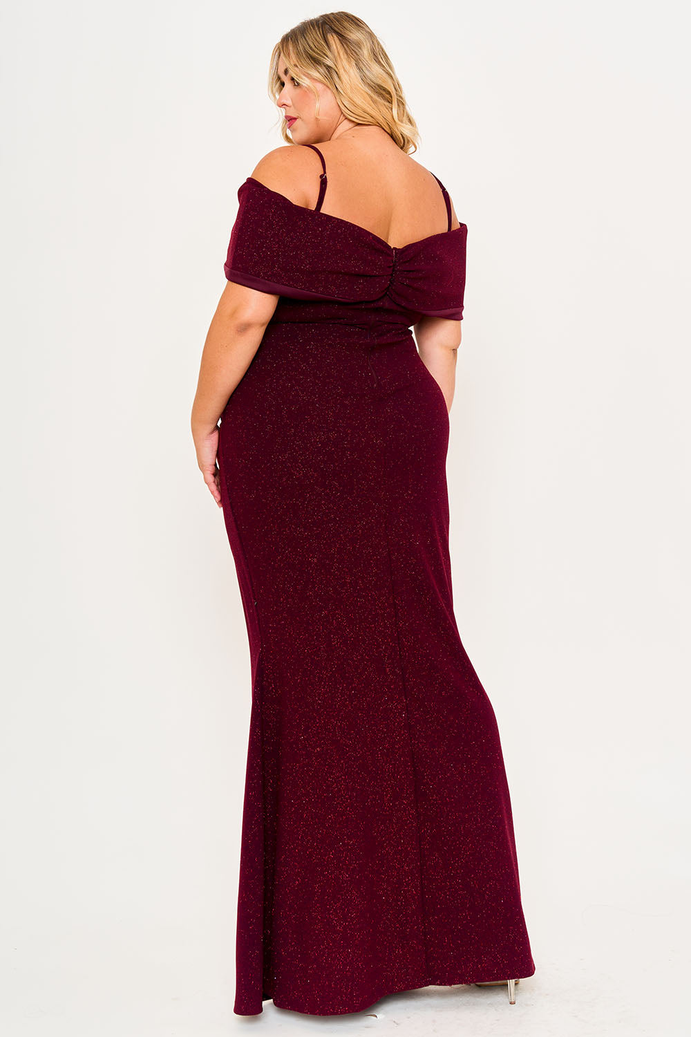 GLITTER BOW FRONT OPEN SHOULDER PLUS SIZE MAXI DRESS