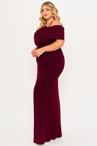 GLITTER BOW FRONT OPEN SHOULDER PLUS SIZE MAXI DRESS
