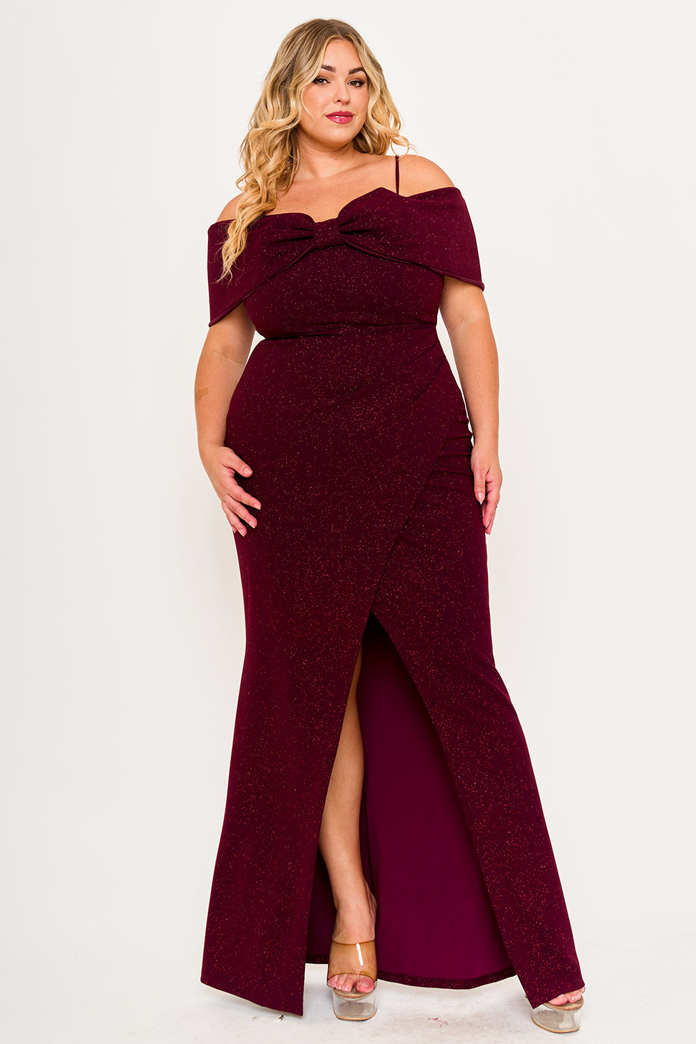 GLITTER BOW FRONT OPEN SHOULDER PLUS SIZE MAXI DRESS