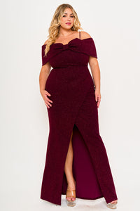 GLITTER BOW FRONT OPEN SHOULDER PLUS SIZE MAXI DRESS