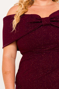 GLITTER BOW FRONT OPEN SHOULDER PLUS SIZE MAXI DRESS