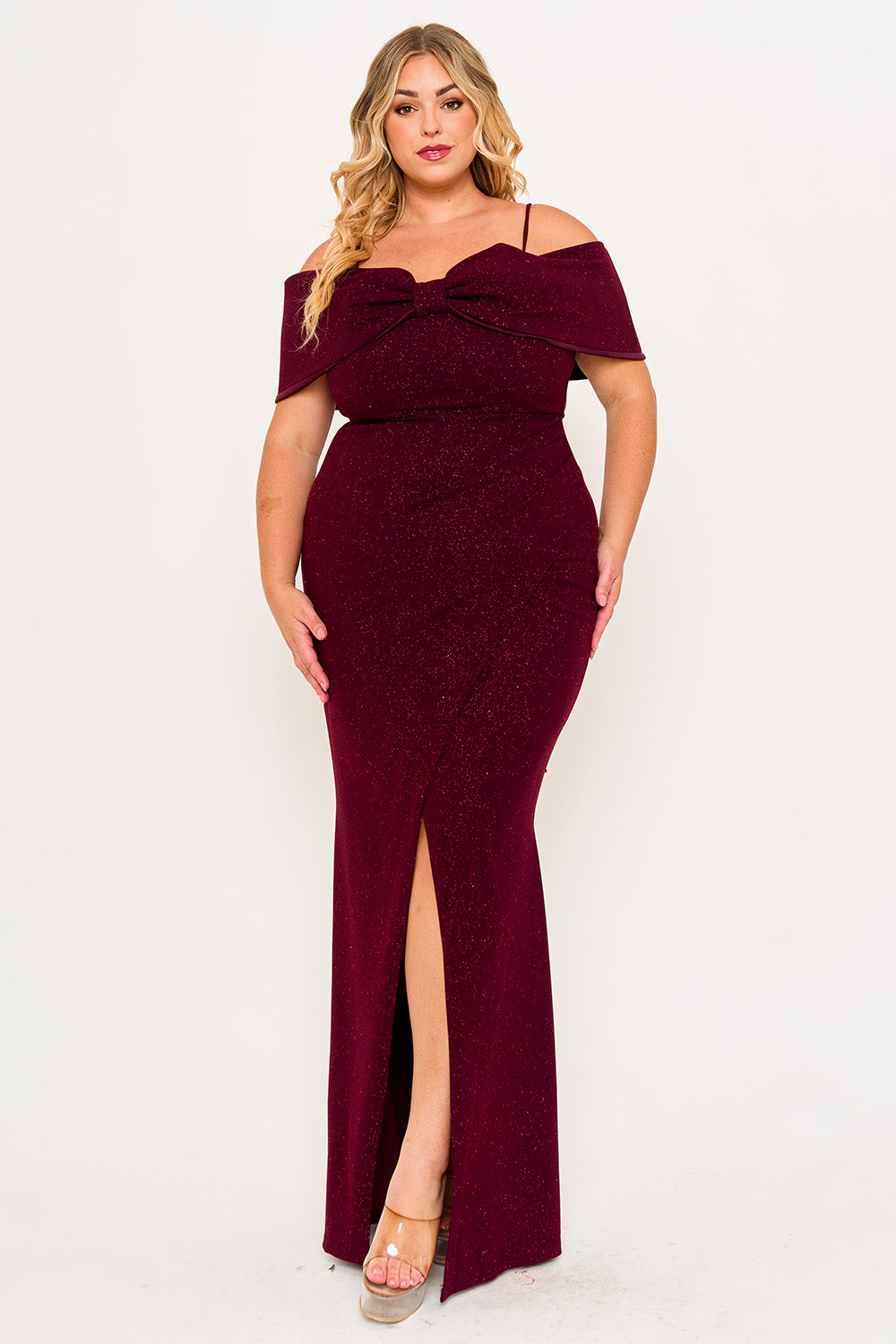 GLITTER BOW FRONT OPEN SHOULDER PLUS SIZE MAXI DRESS