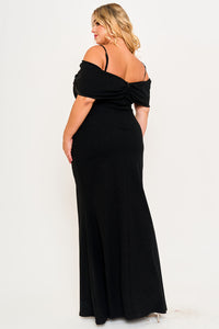GLITTER BOW FRONT OPEN SHOULDER PLUS SIZE MAXI DRESS