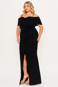 GLITTER BOW FRONT OPEN SHOULDER PLUS SIZE MAXI DRESS