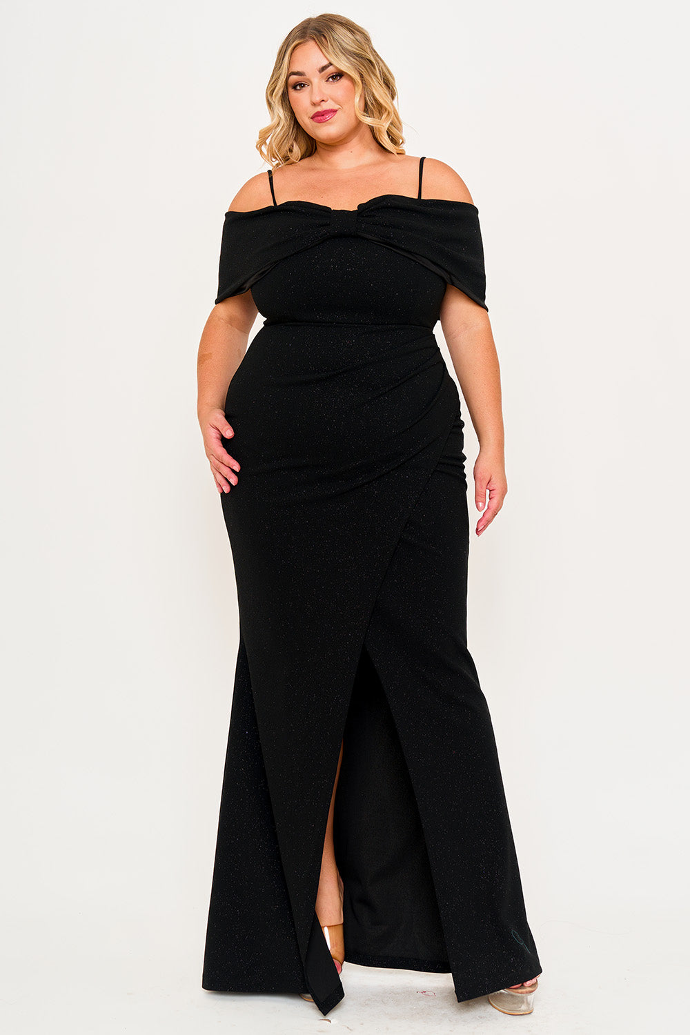 GLITTER BOW FRONT OPEN SHOULDER PLUS SIZE MAXI DRESS