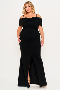 GLITTER BOW FRONT OPEN SHOULDER PLUS SIZE MAXI DRESS