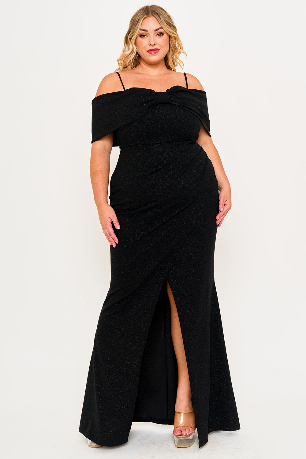GLITTER BOW FRONT OPEN SHOULDER PLUS SIZE MAXI DRESS