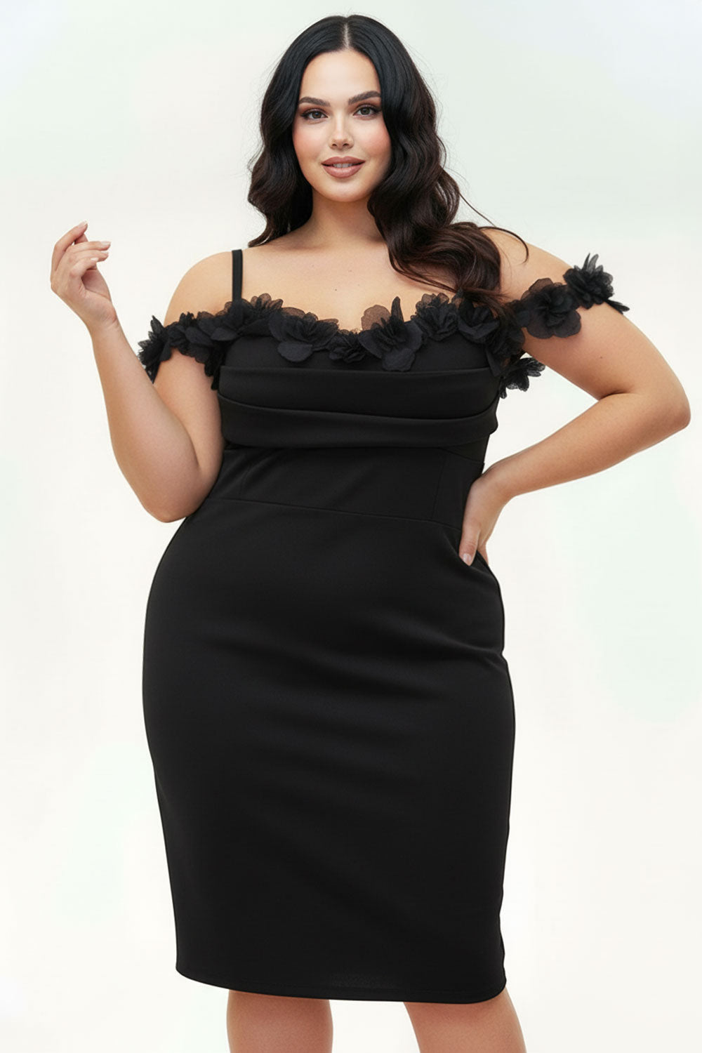 OFF THE SHOULDER FLORAL APPLIQUES PLUS SIZE MINI DRESS