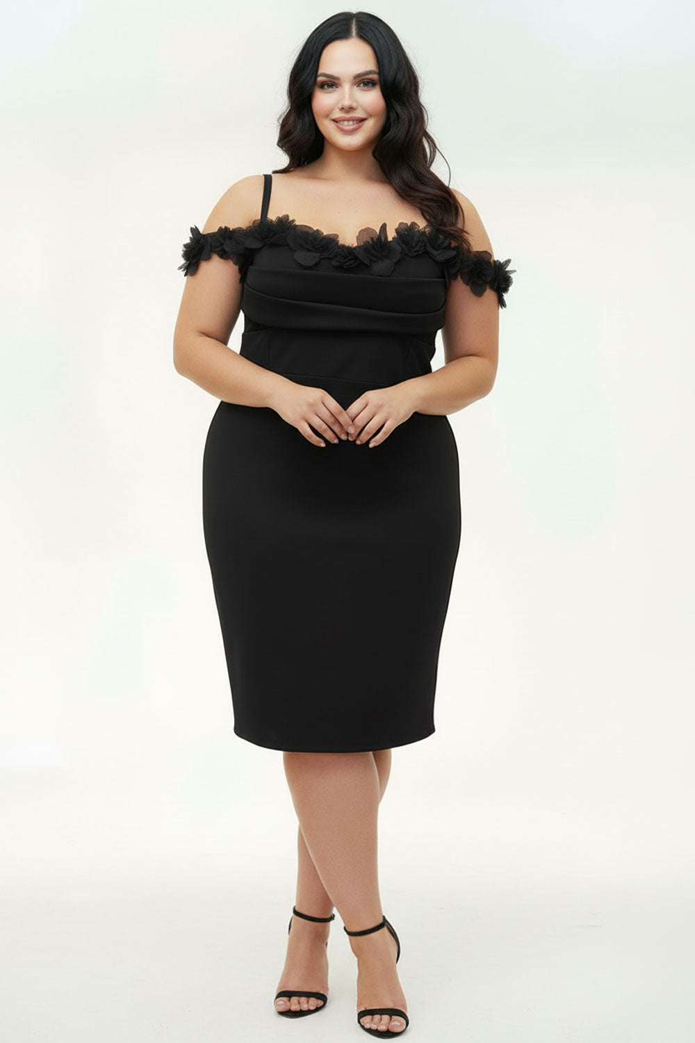 OFF THE SHOULDER FLORAL APPLIQUES PLUS SIZE MINI DRESS