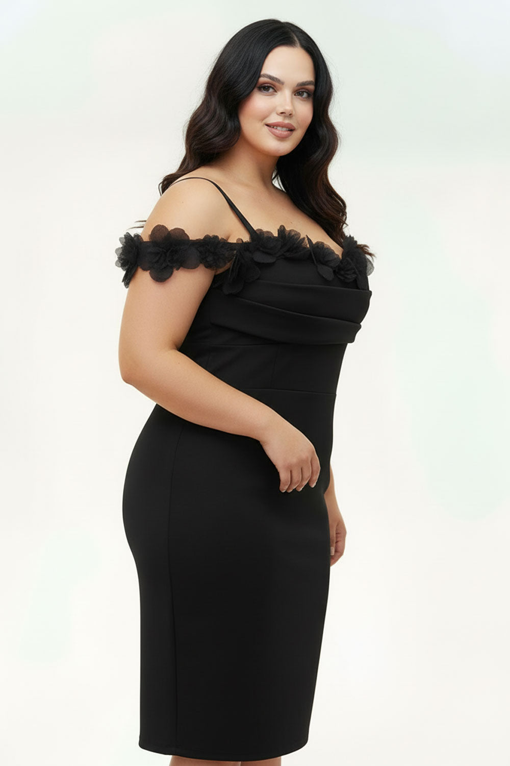 OFF THE SHOULDER FLORAL APPLIQUES PLUS SIZE MINI DRESS