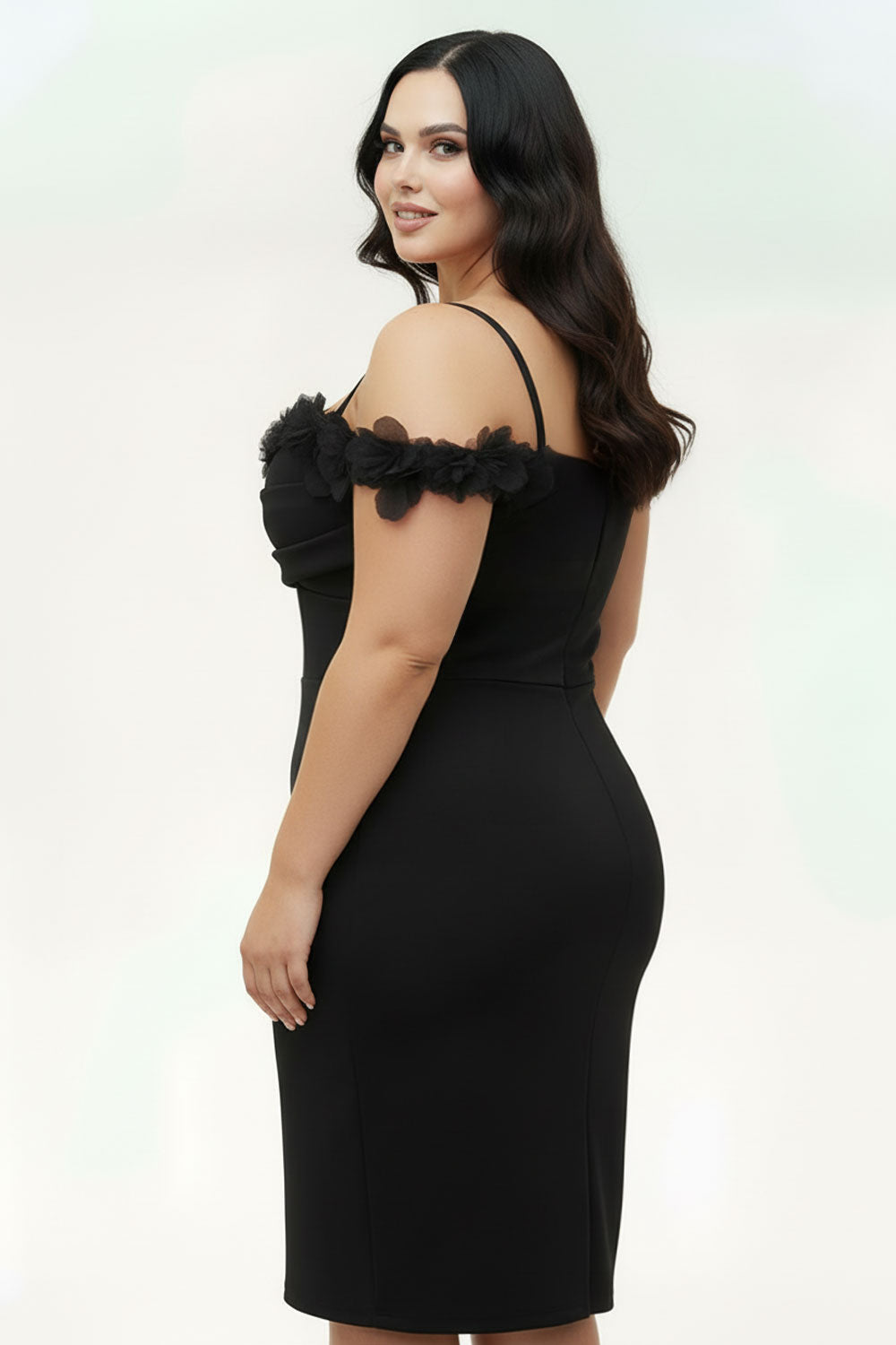 OFF THE SHOULDER FLORAL APPLIQUES PLUS SIZE MINI DRESS