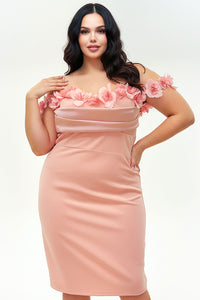 OFF THE SHOULDER FLORAL APPLIQUES PLUS SIZE MINI DRESS