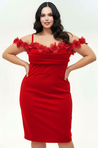 OFF THE SHOULDER FLORAL APPLIQUES PLUS SIZE MINI DRESS