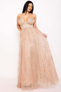 GLITTER AND SEQUIN ON MESH A-LINE MAXI DRESS