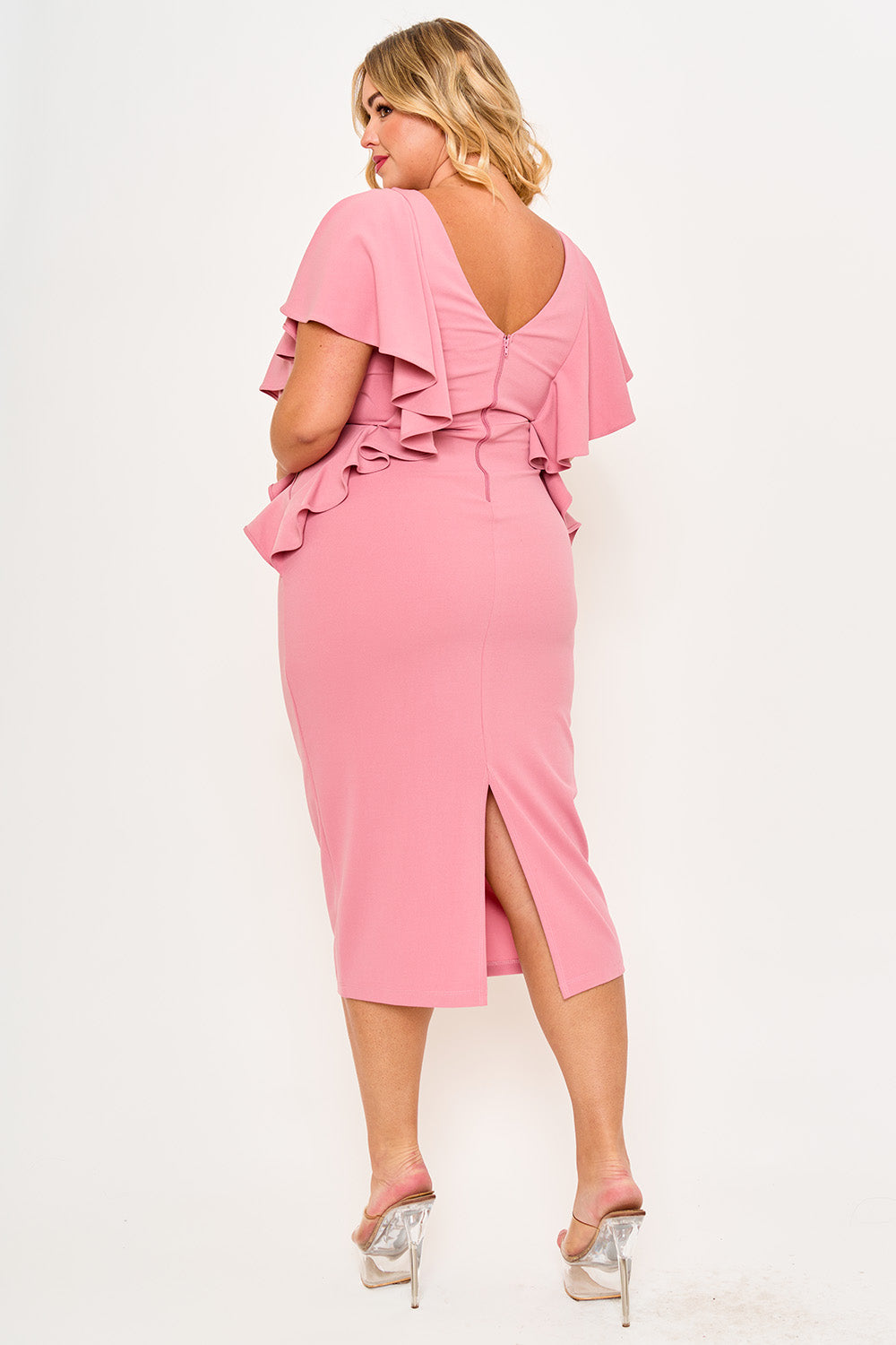 DROP SHOULDER WITH RUFFLE PLUS SIZE MIDI DRESS