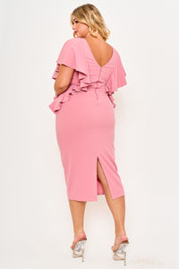 DROP SHOULDER WITH RUFFLE PLUS SIZE MIDI DRESS