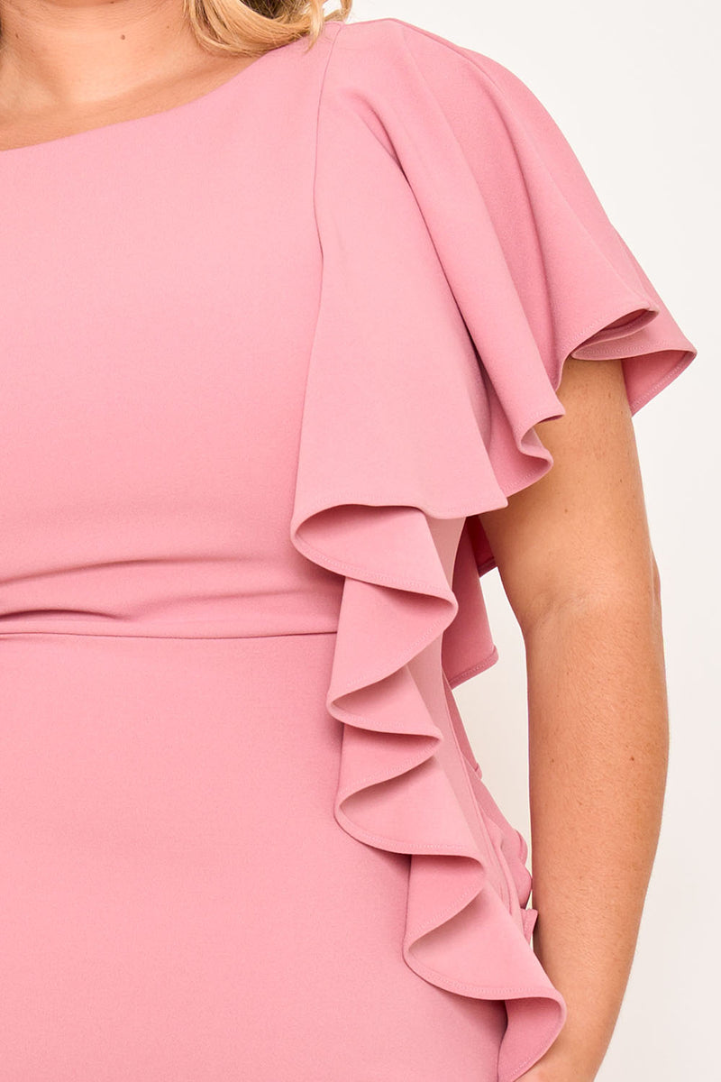 DROP SHOULDER WITH RUFFLE PLUS SIZE MIDI DRESS