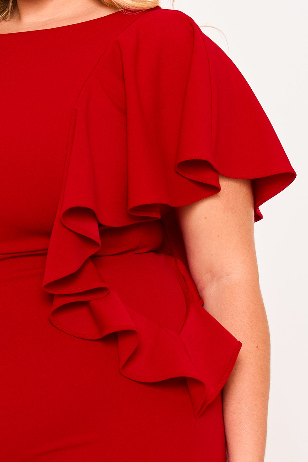 DROP SHOULDER WITH RUFFLE PLUS SIZE MIDI DRESS