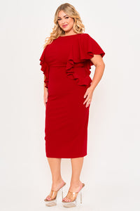 DROP SHOULDER WITH RUFFLE PLUS SIZE MIDI DRESS