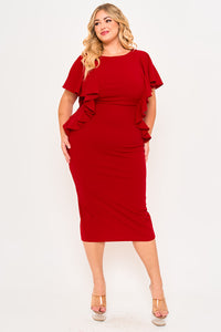 DROP SHOULDER WITH RUFFLE PLUS SIZE MIDI DRESS