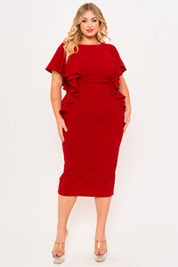 DROP SHOULDER WITH RUFFLE PLUS SIZE MIDI DRESS