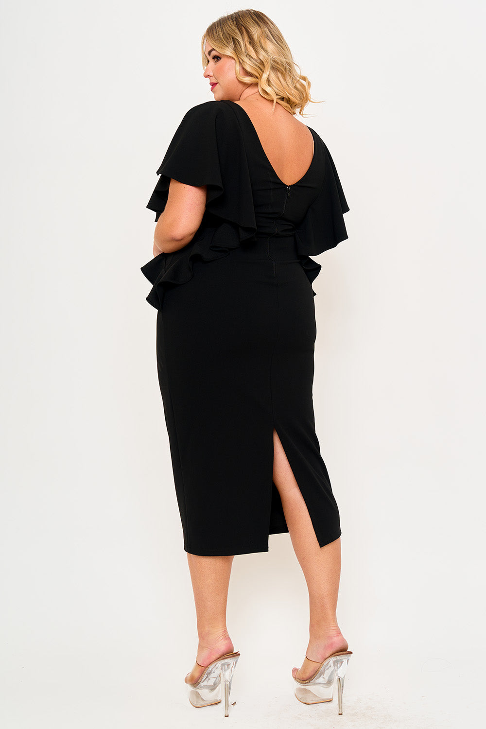 DROP SHOULDER WITH RUFFLE PLUS SIZE MIDI DRESS