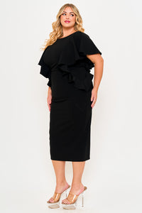 DROP SHOULDER WITH RUFFLE PLUS SIZE MIDI DRESS