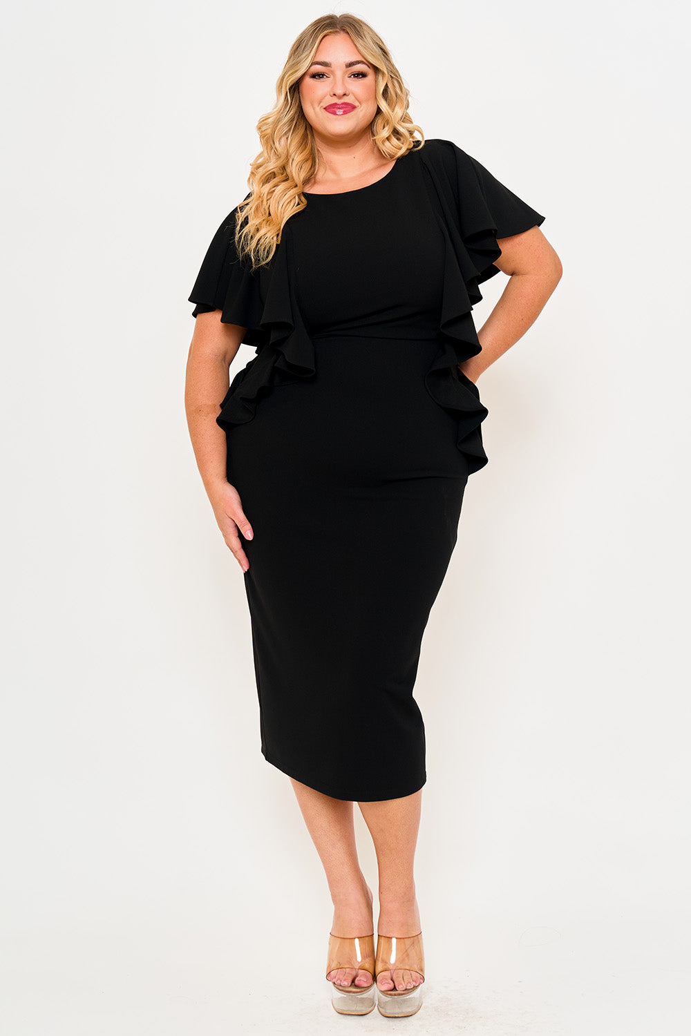 DROP SHOULDER WITH RUFFLE PLUS SIZE MIDI DRESS