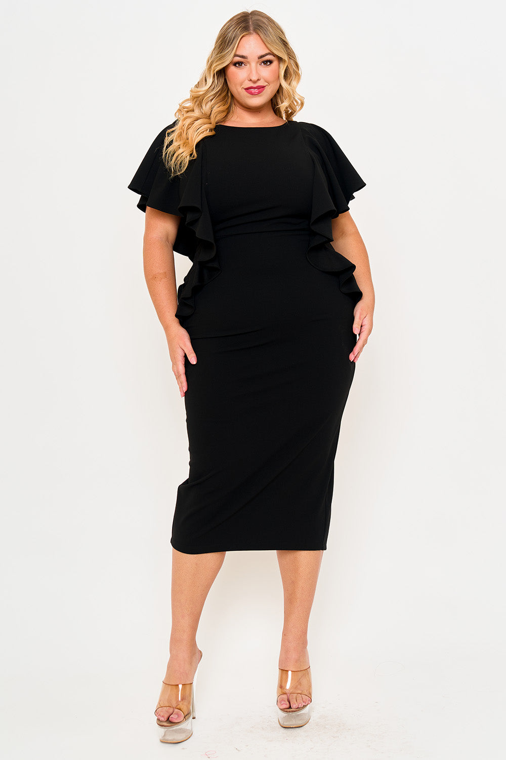 DROP SHOULDER WITH RUFFLE PLUS SIZE MIDI DRESS