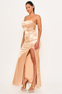 SATIN STRETCH FABRIC PLEATED DETAIL TOP MAXI DRESS