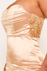 SATIN STRETCH FABRIC PLEATED DETAIL TOP MAXI DRESS