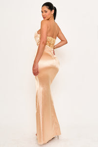 SATIN STRETCH FABRIC PLEATED DETAIL TOP MAXI DRESS