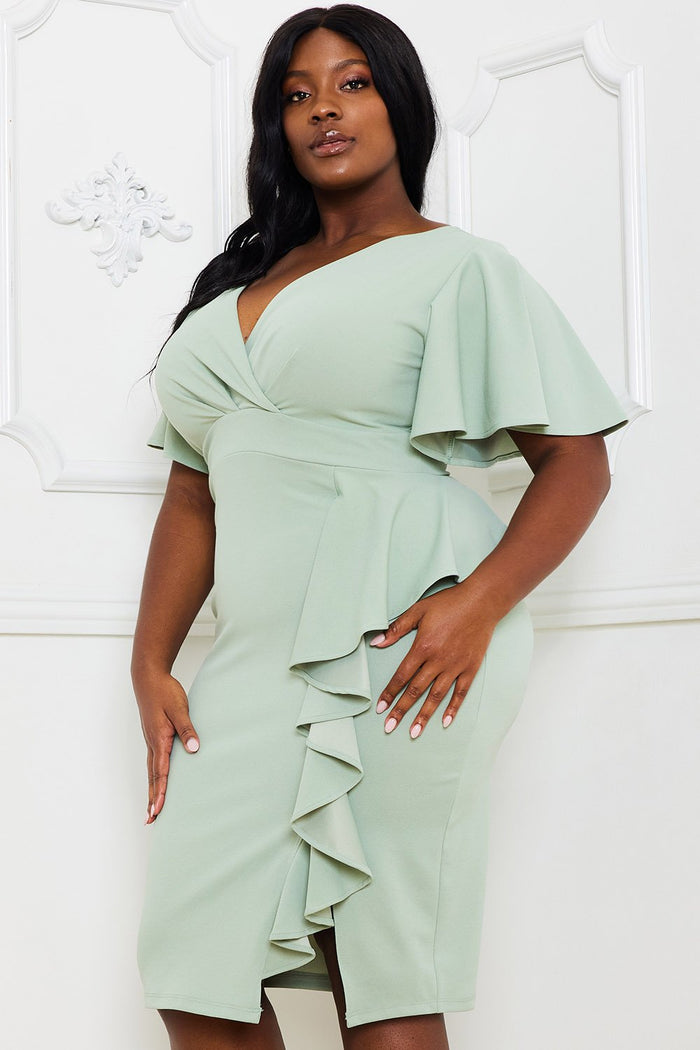 RUFFLE DETAILED SURPLICE PLUS SIZE MIDI DRESS