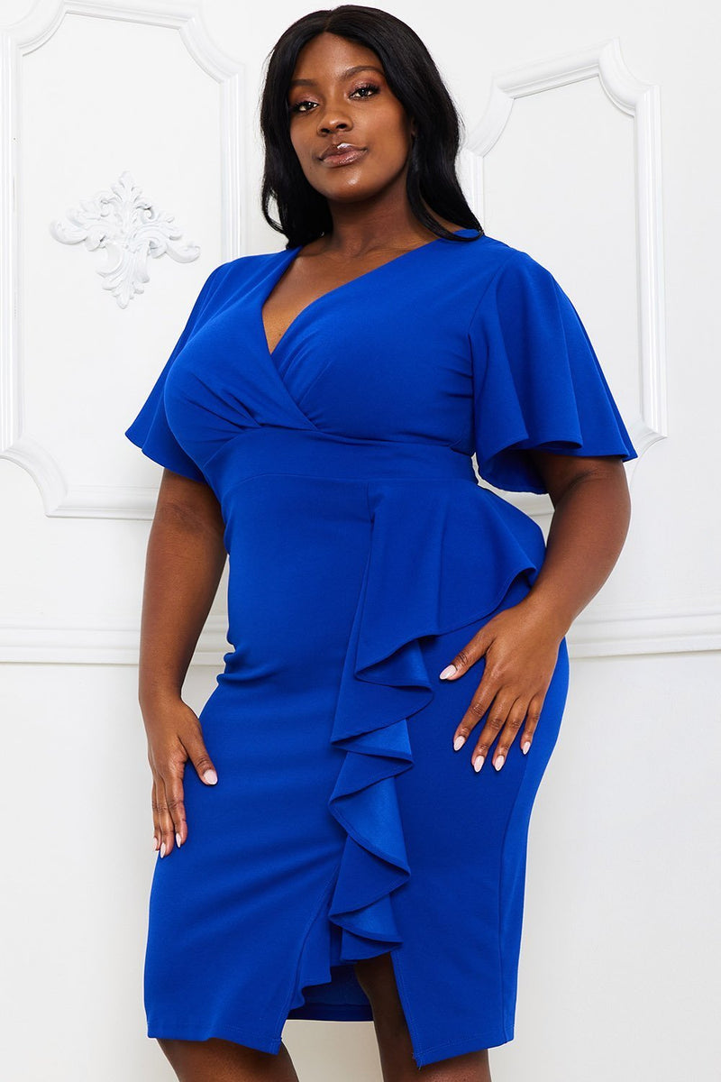 RUFFLE DETAILED SURPLICE PLUS SIZE MIDI DRESS