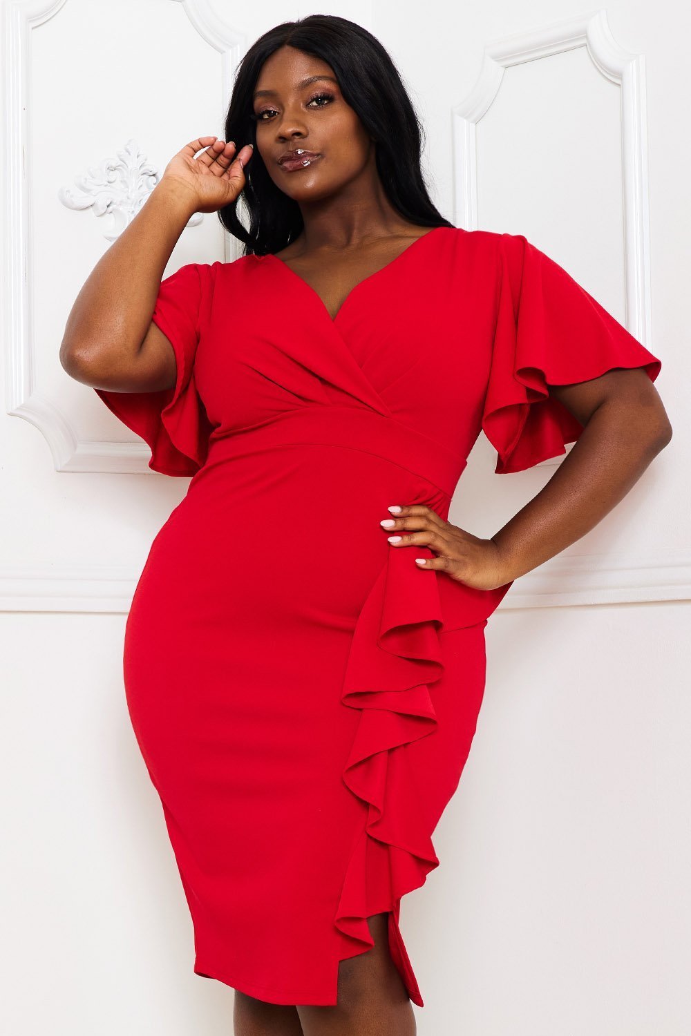 RUFFLE DETAILED SURPLICE PLUS SIZE MIDI DRESS