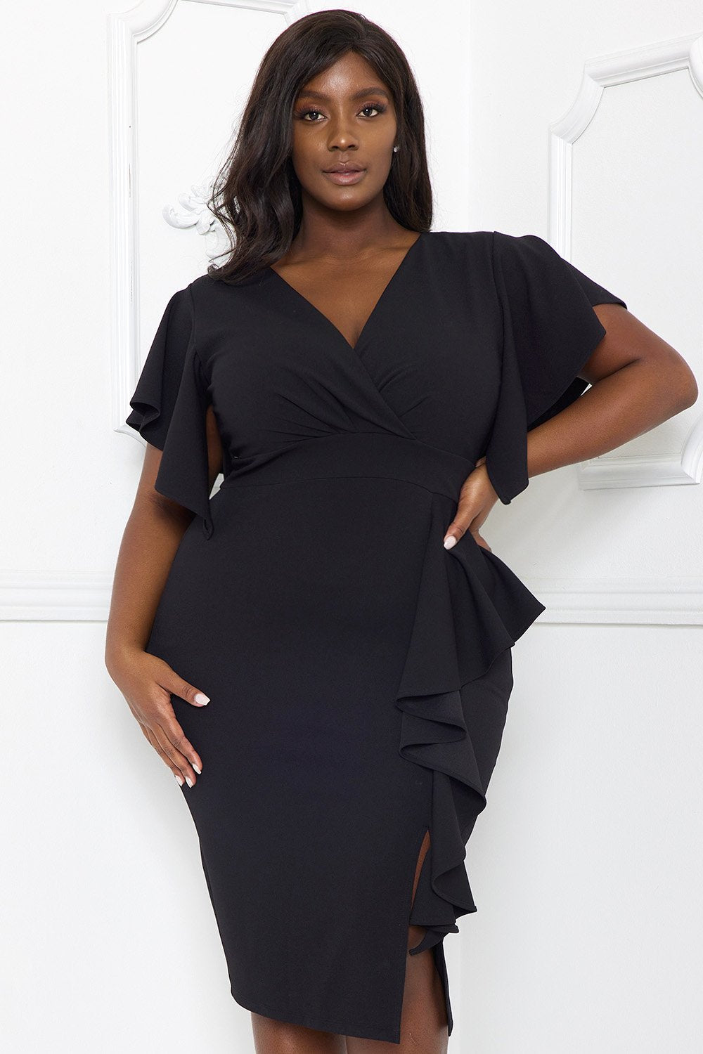 RUFFLE DETAILED SURPLICE PLUS SIZE MIDI DRESS