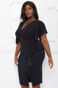 RUFFLE DETAILED SURPLICE PLUS SIZE MIDI DRESS