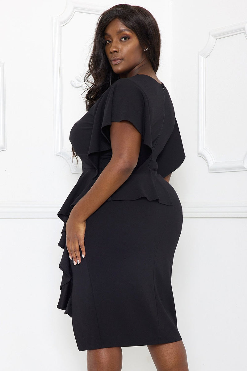 RUFFLE DETAILED SURPLICE PLUS SIZE MIDI DRESS