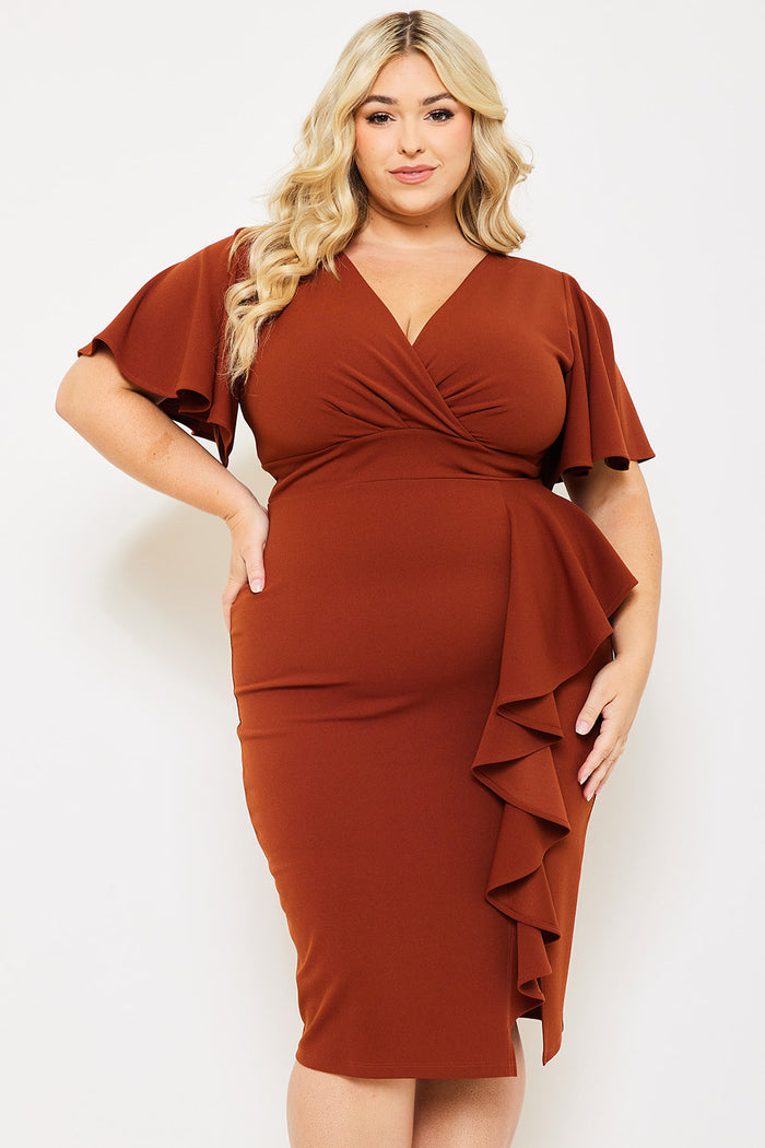 RUFFLE DETAILED SURPLICE PLUS SIZE MIDI DRESS