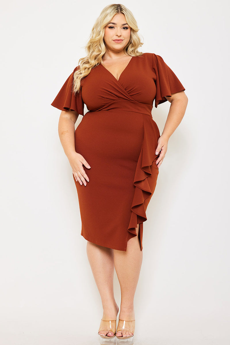 RUFFLE DETAILED SURPLICE PLUS SIZE MIDI DRESS