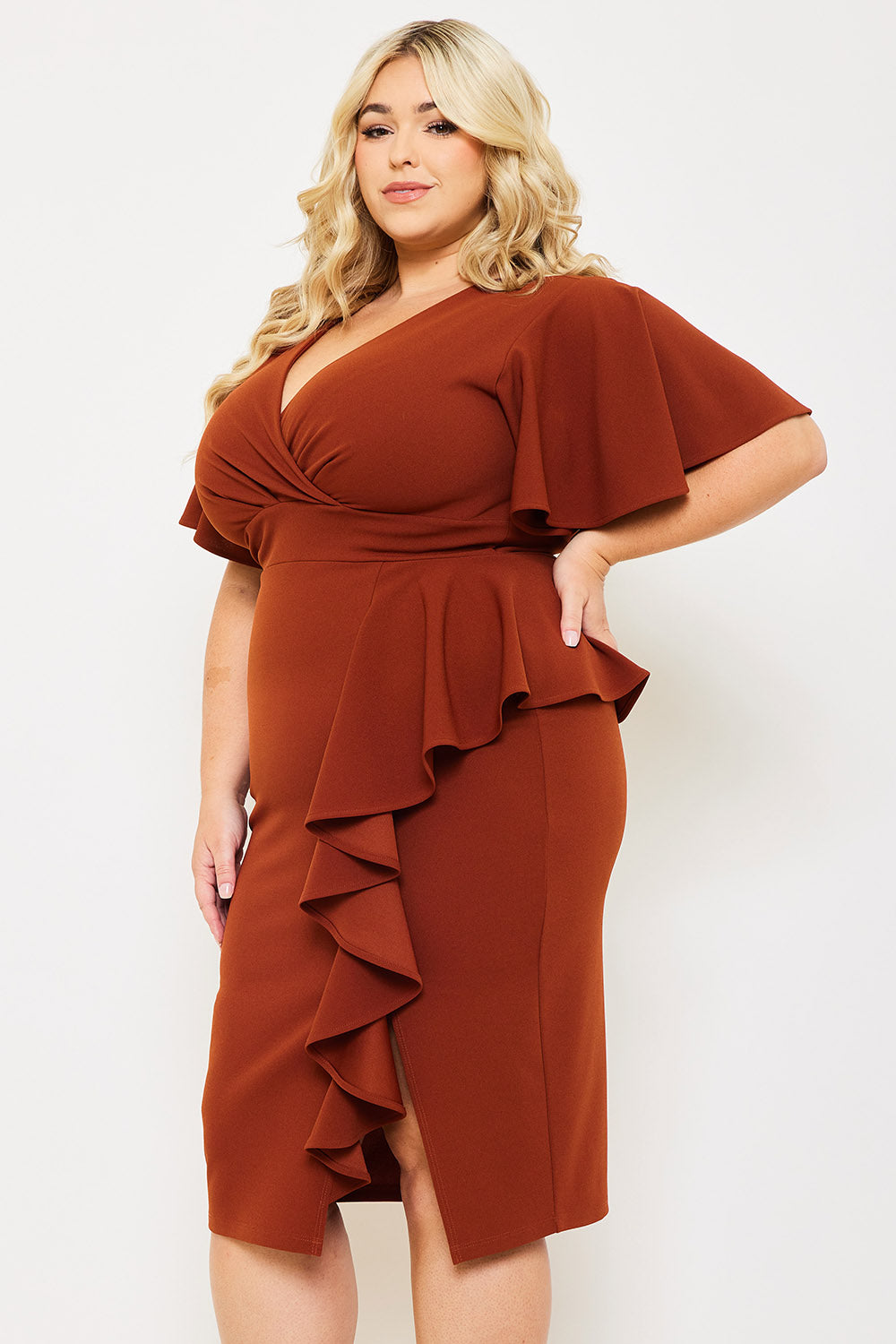 RUFFLE DETAILED SURPLICE PLUS SIZE MIDI DRESS