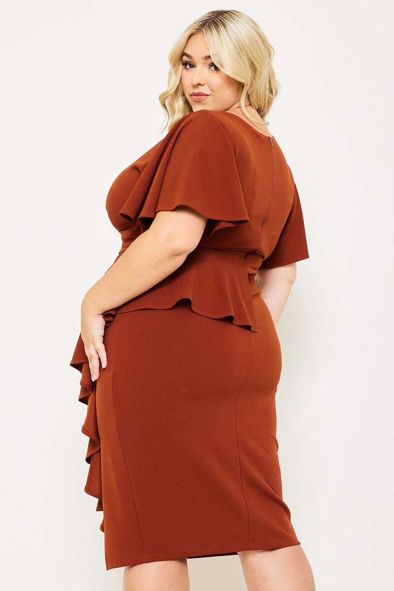 RUFFLE DETAILED SURPLICE PLUS SIZE MIDI DRESS